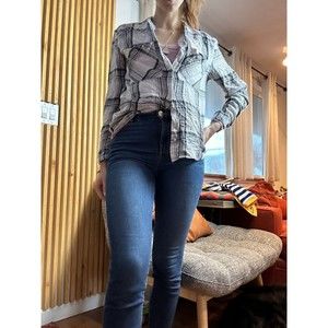 Express Flannel Plaid Button Up Top Gray/White